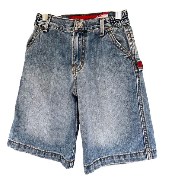 JNCO Vintage Y2K 90s Baggy Skater denim Jorts Embroidered Bulldog boy Size 7.